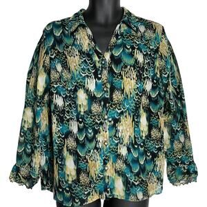 JM Collection Top 14 Green Peacock All Over Print Long Sleeves Fairy Whimsical